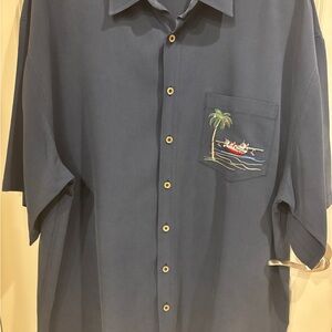 BAMBOO Navy Casual Shirt with Palm Tree Embroidery Christmas theme design